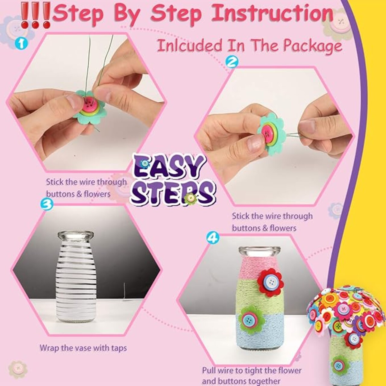 Flower Craft Kit for Kids - Make Your Own Flower Bouquet with Buttons and Felt Flowers, Vase Art Toy & Craft Project for Children, DIY Activity Gift for Boys & Girls Age 4 5 6 7 8 9 Year Old